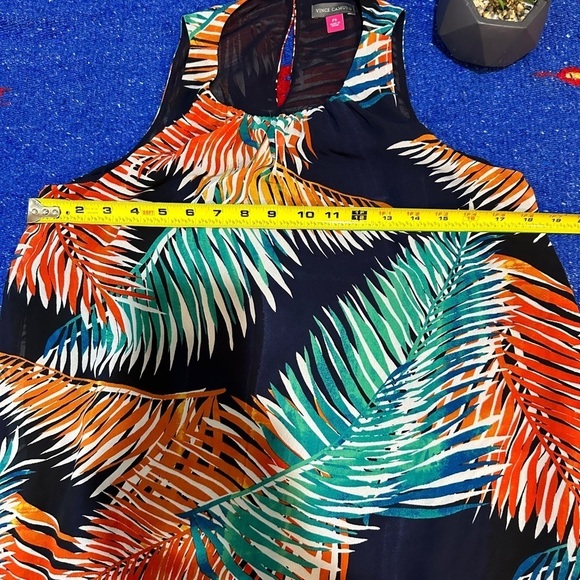 😊Vince Camuto Sundress  Multicolor Palms Sheer Sleeveless Scoop Neck size PS - Picture 10 of 11